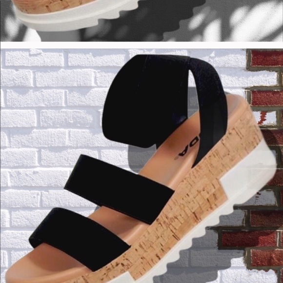 Black Elastic Ankle Strap Cork Wedge Sandal - Picture 2 of 2